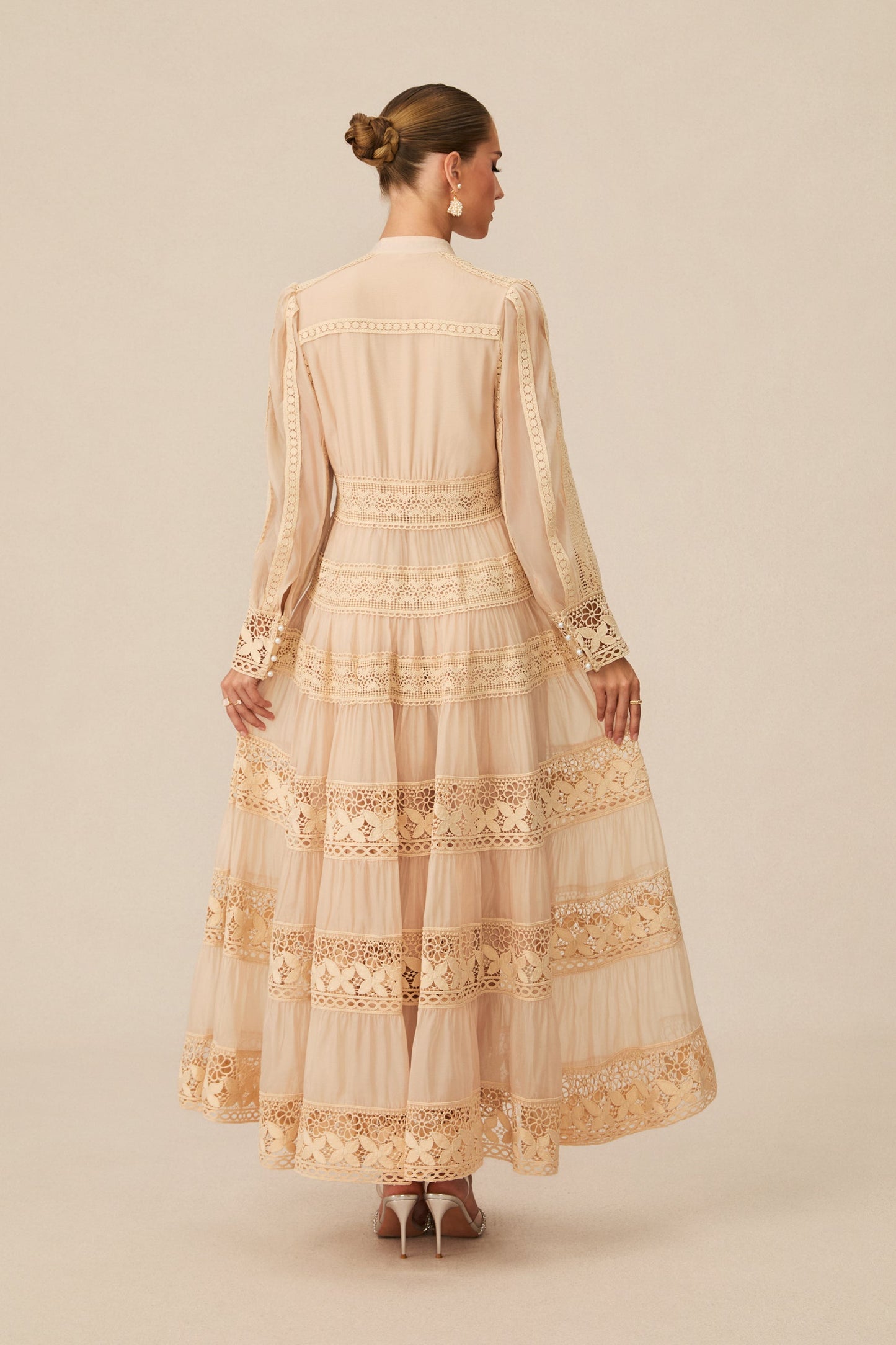Noelle Beige Embroidered Lace Maxi Dress