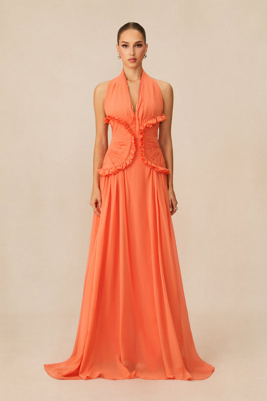 Reese Stunning Halter Neck Ruffle Trim Maxi Dress