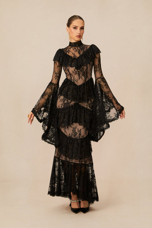 Ella Beautiful Tiered Ruffle Sheer Lace Maxi Dress