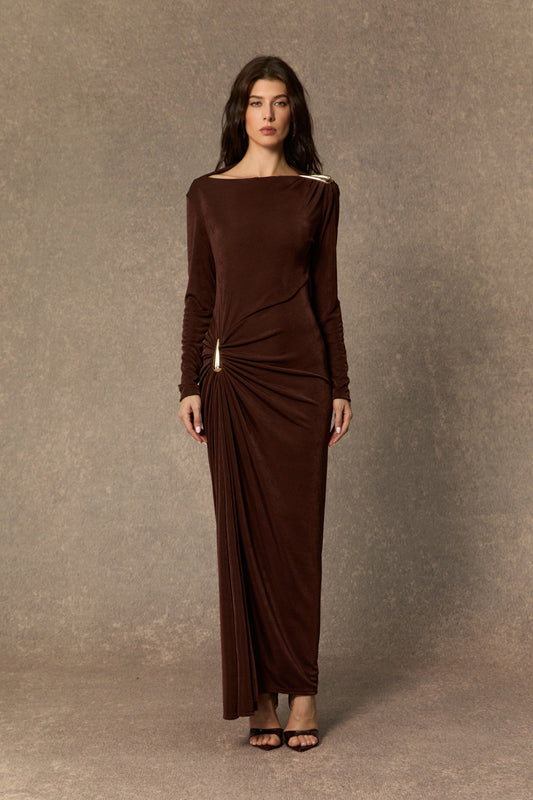 Alice Stunning Brown Asymmetric Ruched Maxi Dress