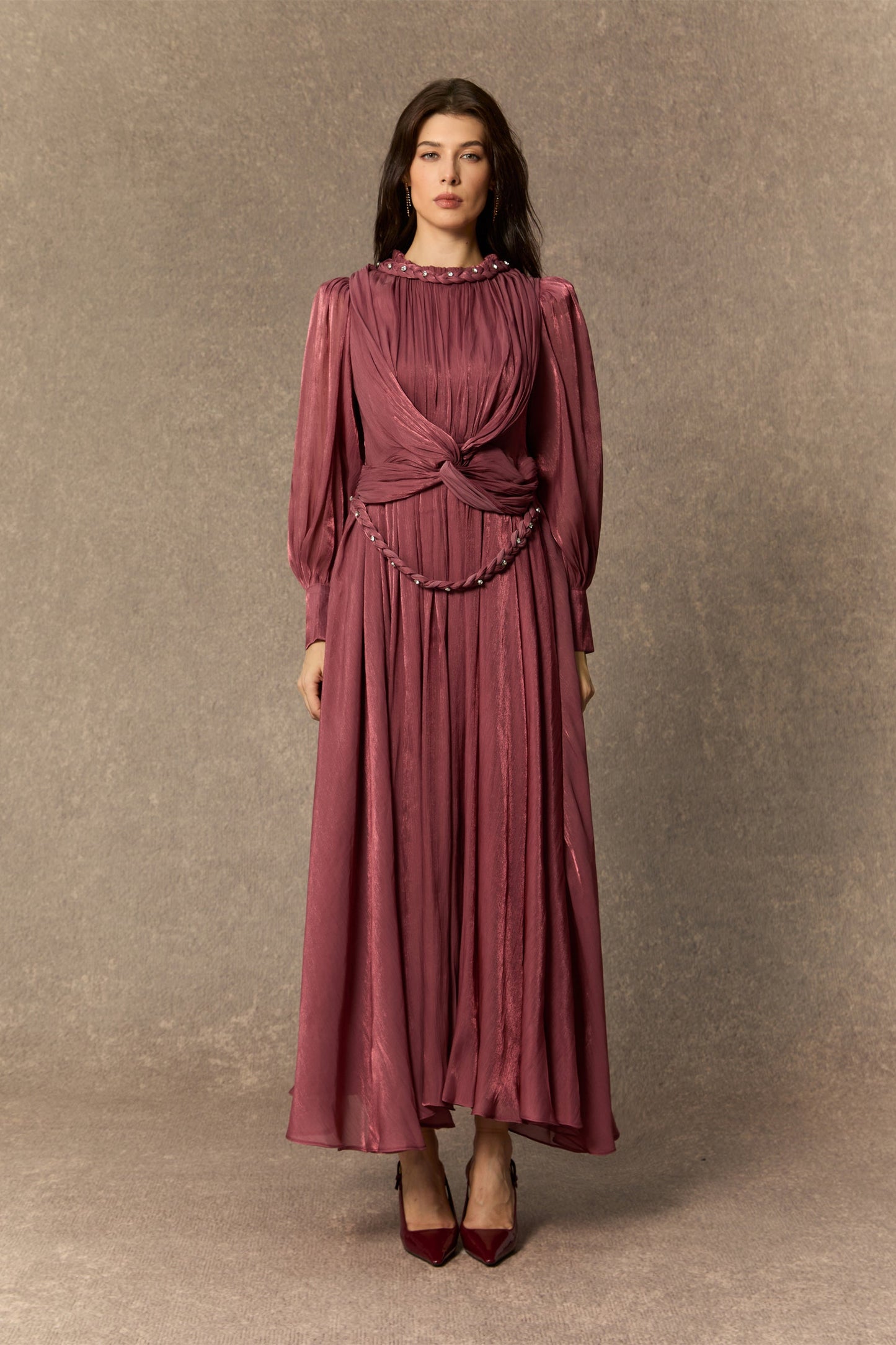 Kate Enchanting Dark Pink Braided Lantern Sleeve Maxi Dress