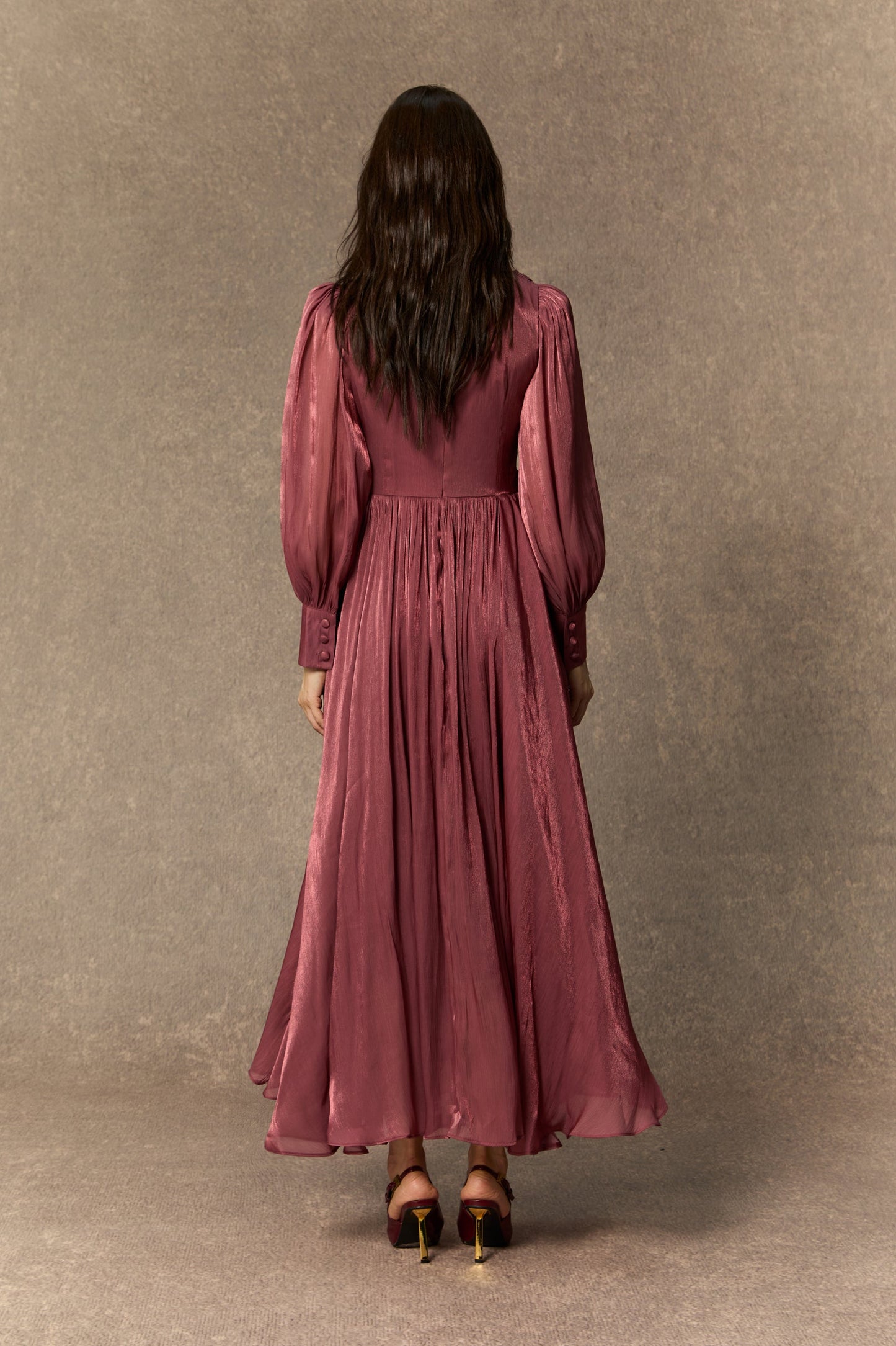 Kate Enchanting Dark Pink Braided Lantern Sleeve Maxi Dress