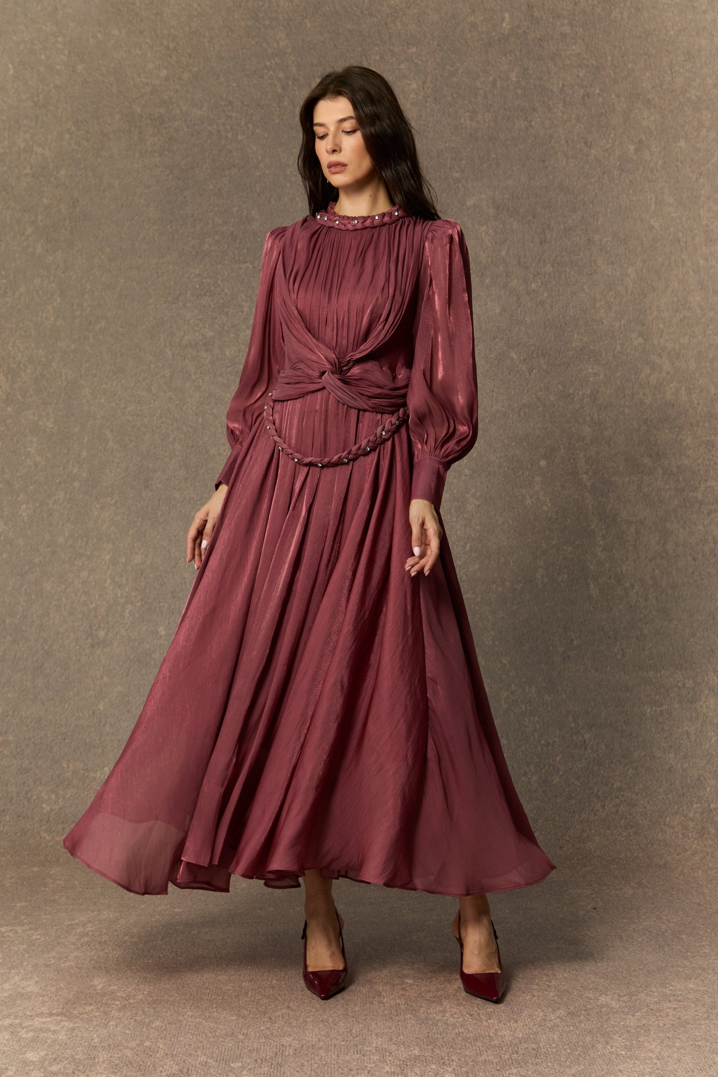 Kate Enchanting Dark Pink Braided Lantern Sleeve Maxi Dress