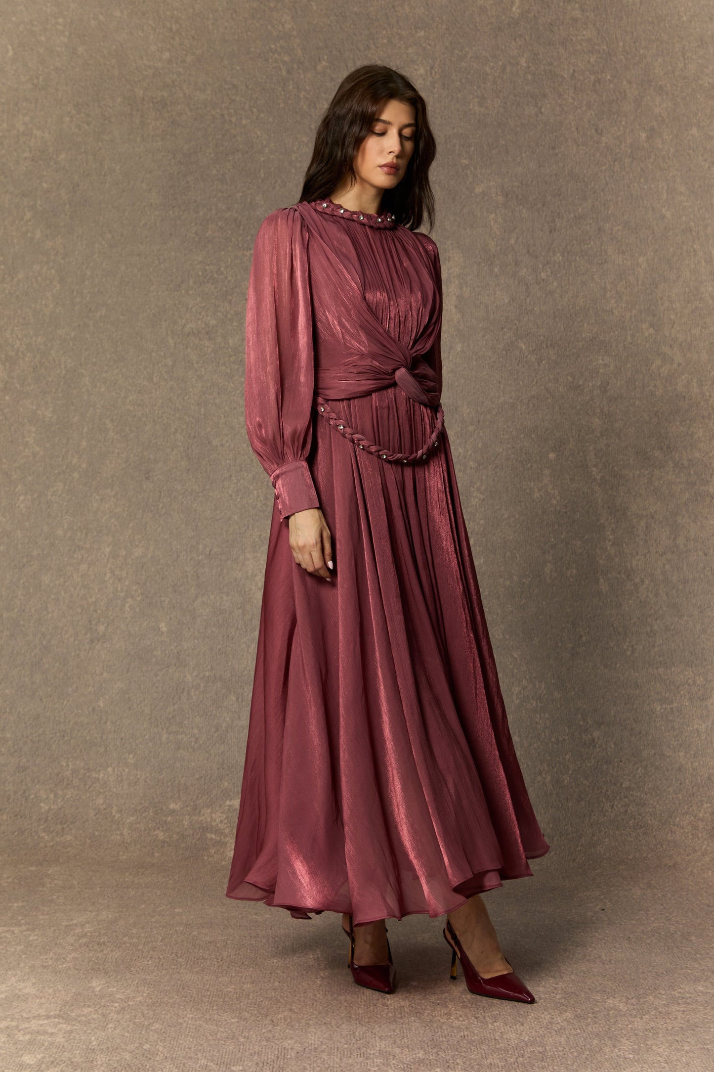 Kate Enchanting Dark Pink Braided Lantern Sleeve Maxi Dress