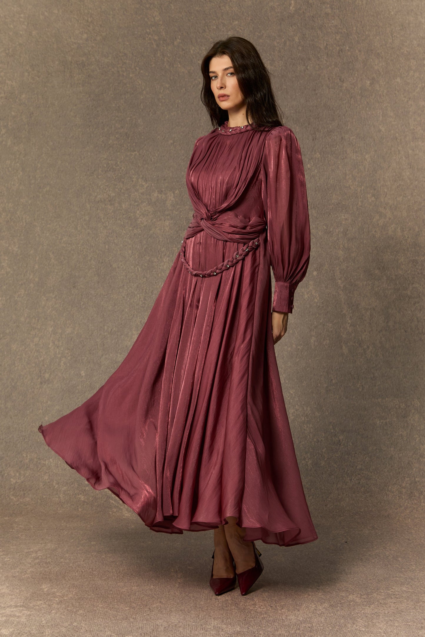 Kate Enchanting Dark Pink Braided Lantern Sleeve Maxi Dress