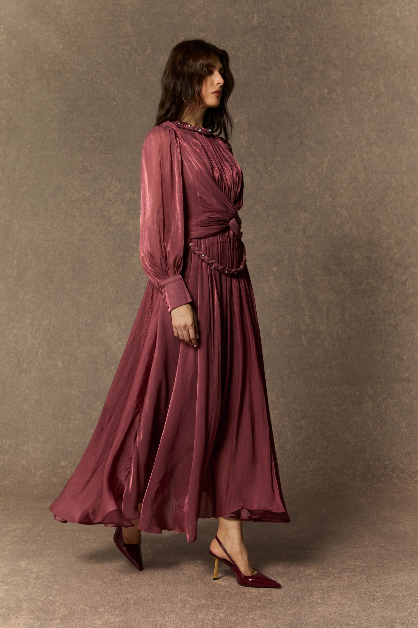 Kate Enchanting Dark Pink Braided Lantern Sleeve Maxi Dress