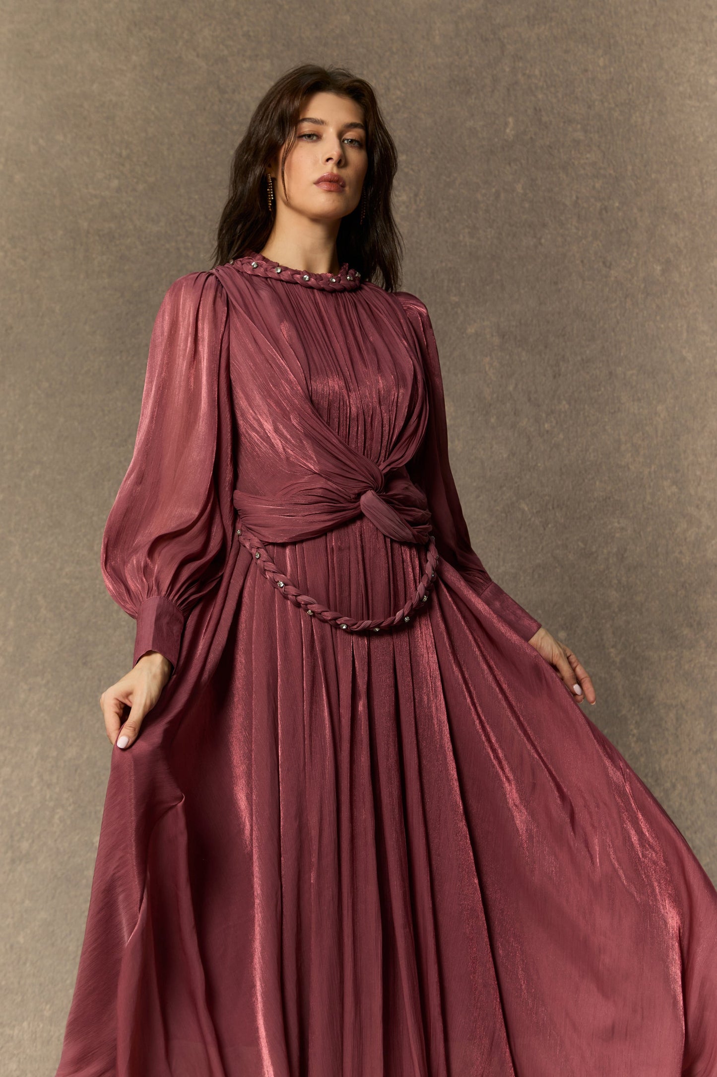 Kate Enchanting Dark Pink Braided Lantern Sleeve Maxi Dress