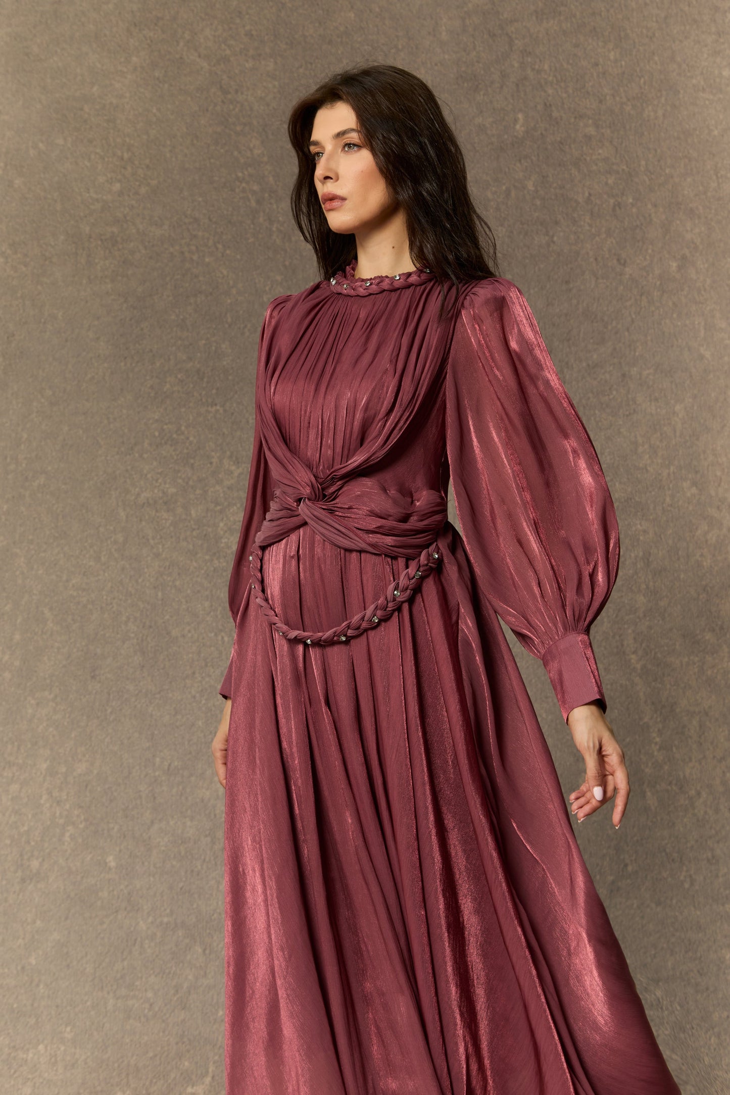 Kate Enchanting Dark Pink Braided Lantern Sleeve Maxi Dress