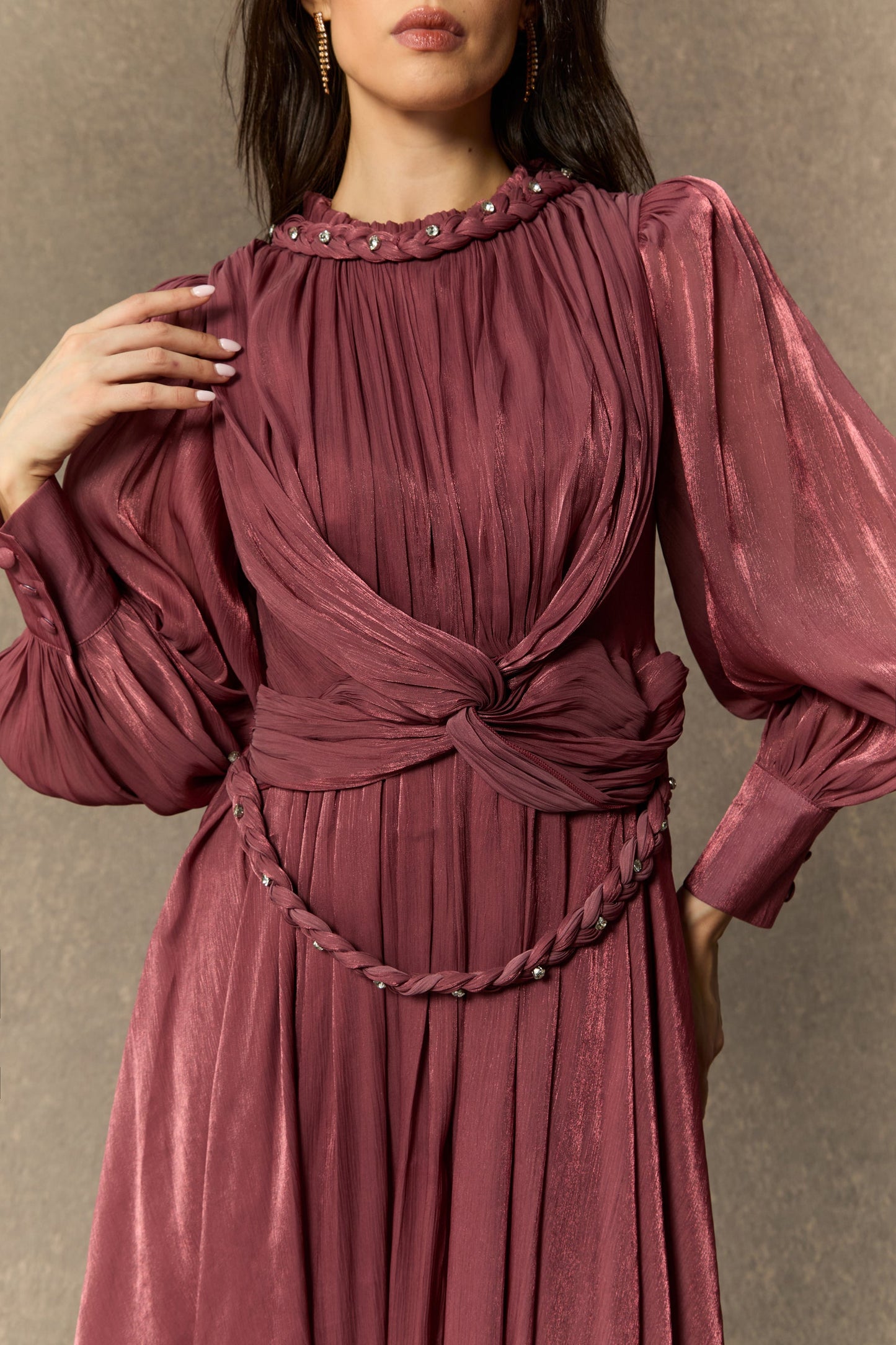 Kate Enchanting Dark Pink Braided Lantern Sleeve Maxi Dress