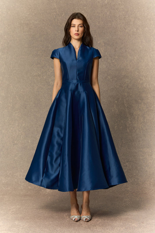 Mia Elegant Blue Cap Sleeve Notch V Neck Midi Dress