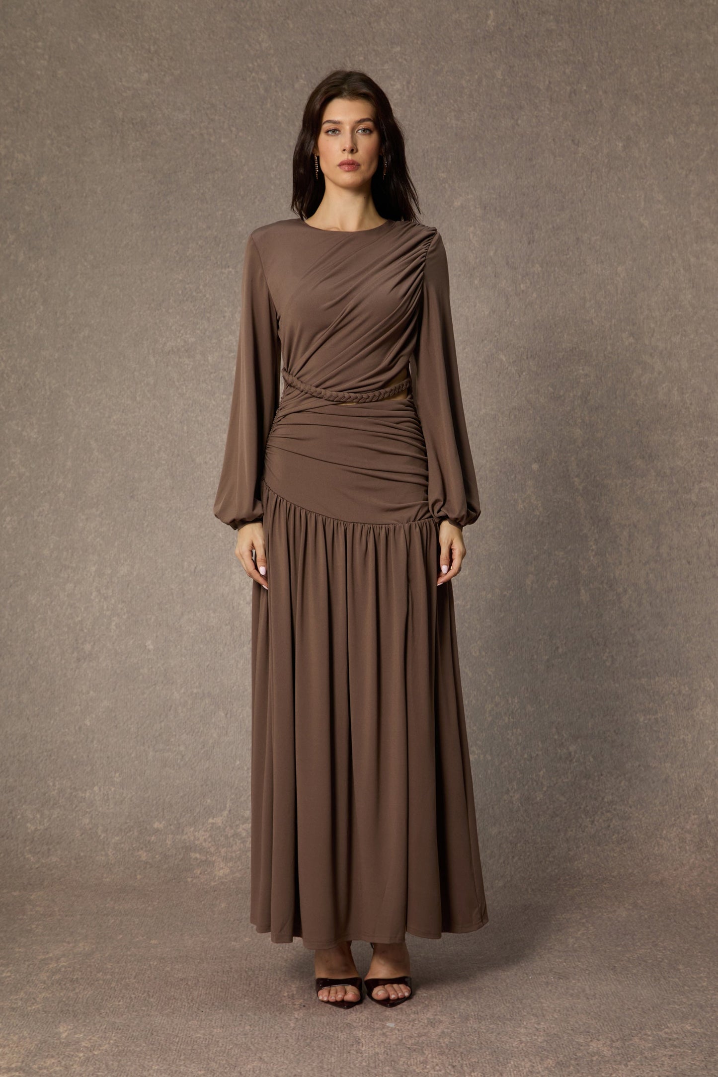 Grace Brown Asymmetric Ruched Maxi Dress