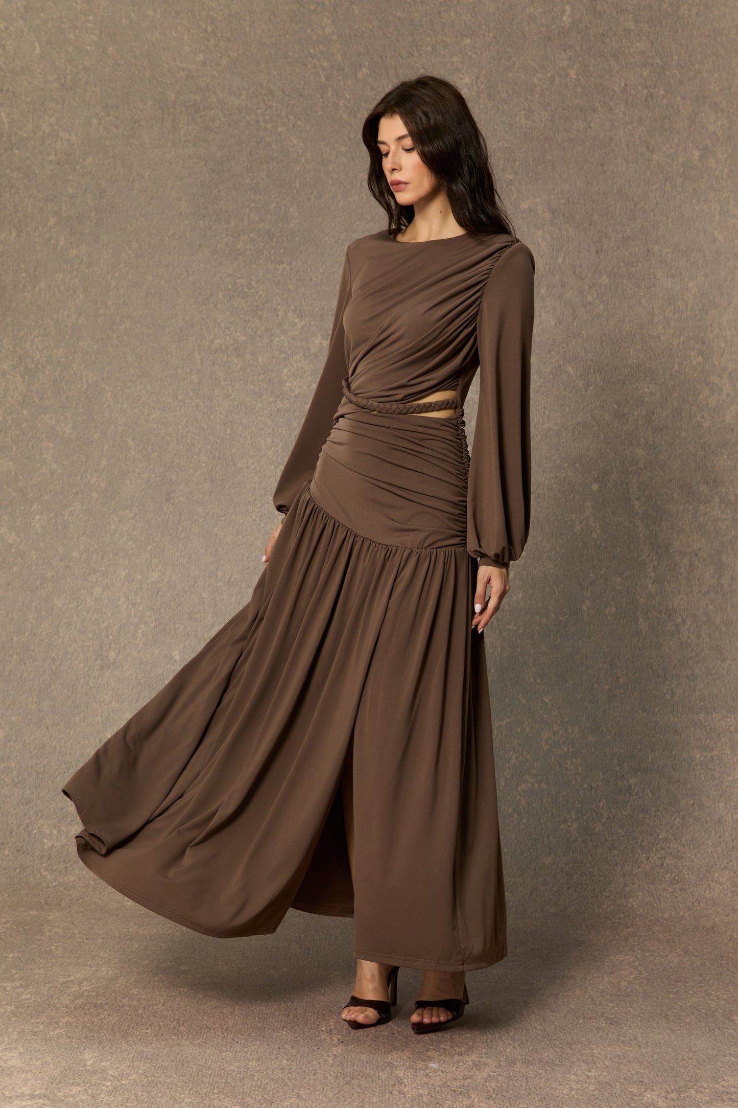 Grace Brown Asymmetric Ruched Maxi Dress
