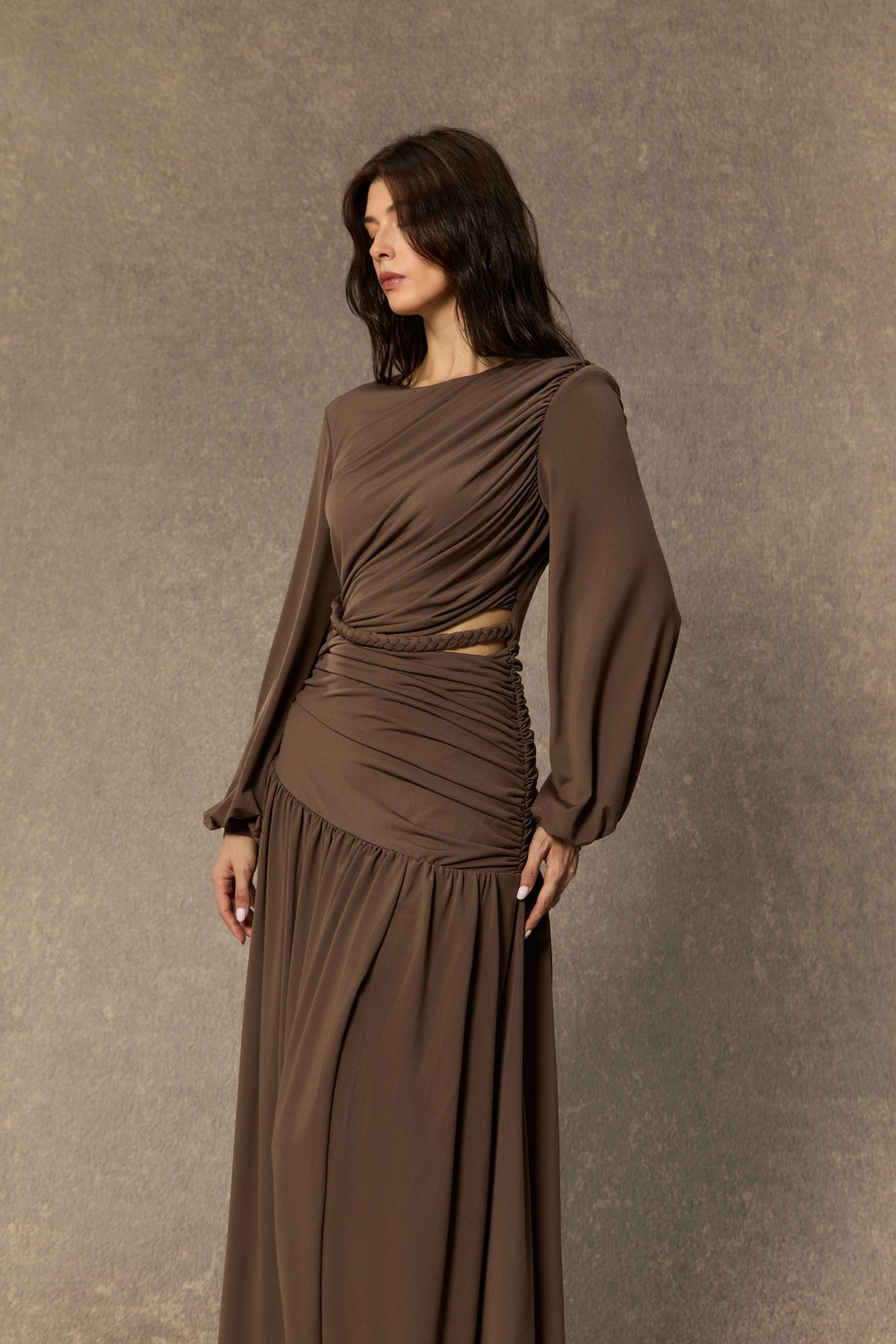 Grace Brown Asymmetric Ruched Maxi Dress