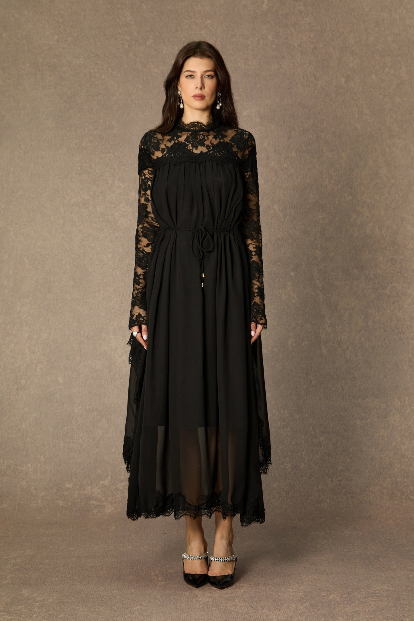 Meg Elegant Black Lace Draped Sleeve Maxi Dress