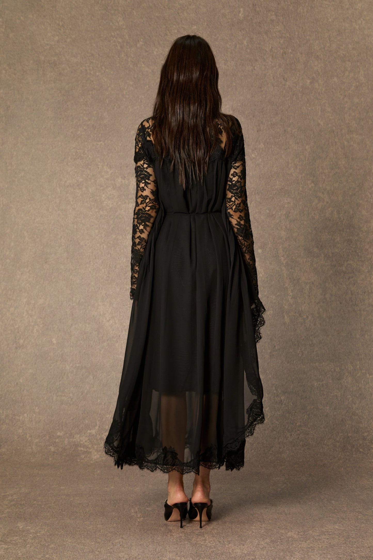 Meg Elegant Black Lace Draped Sleeve Maxi Dress