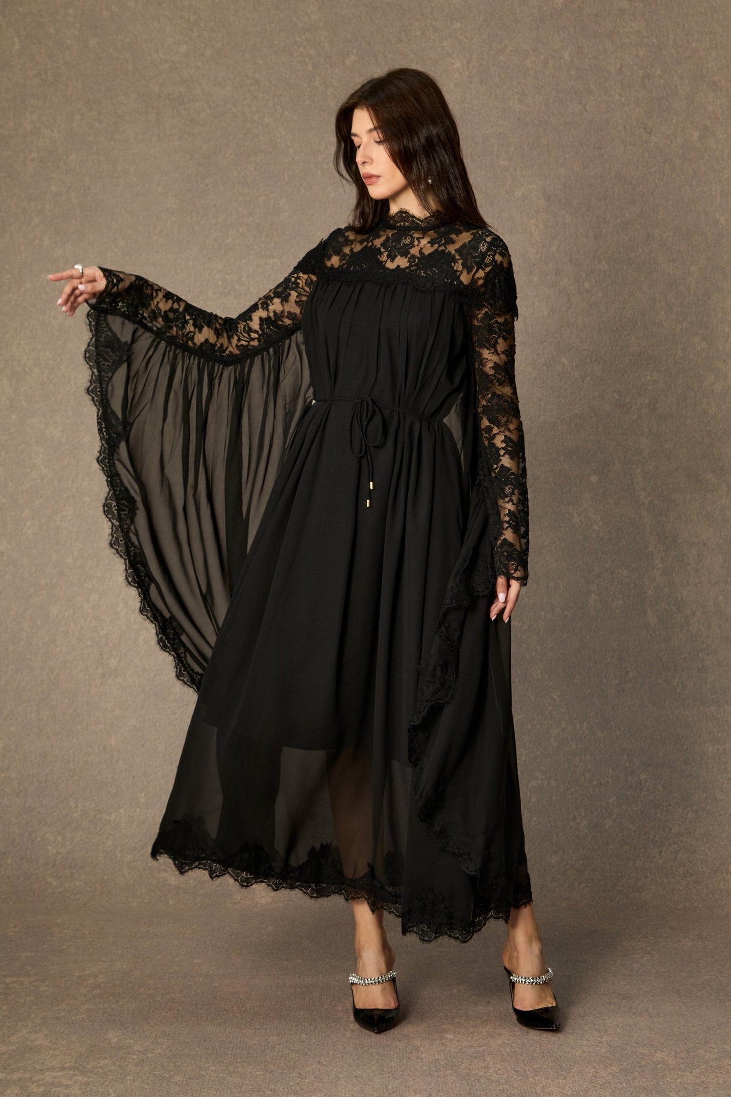 Meg Elegant Black Lace Draped Sleeve Maxi Dress