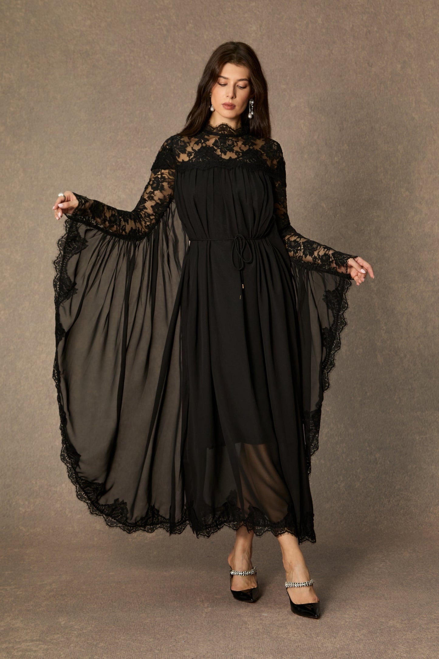 Meg Elegant Black Lace Draped Sleeve Maxi Dress