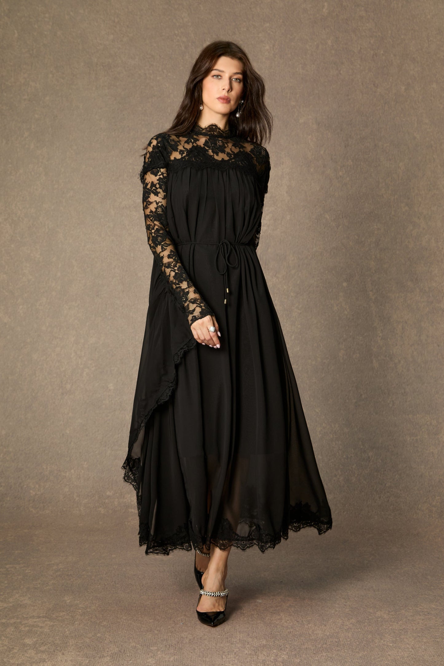 Meg Elegant Black Lace Draped Sleeve Maxi Dress