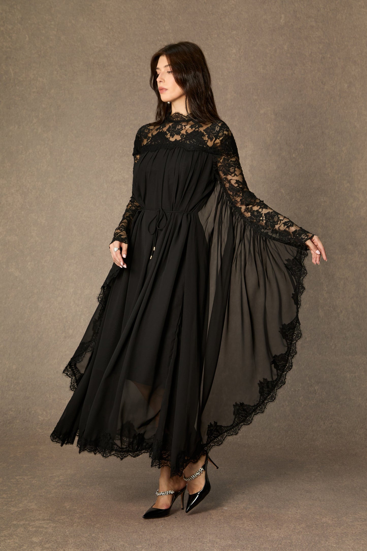 Meg Elegant Black Lace Draped Sleeve Maxi Dress