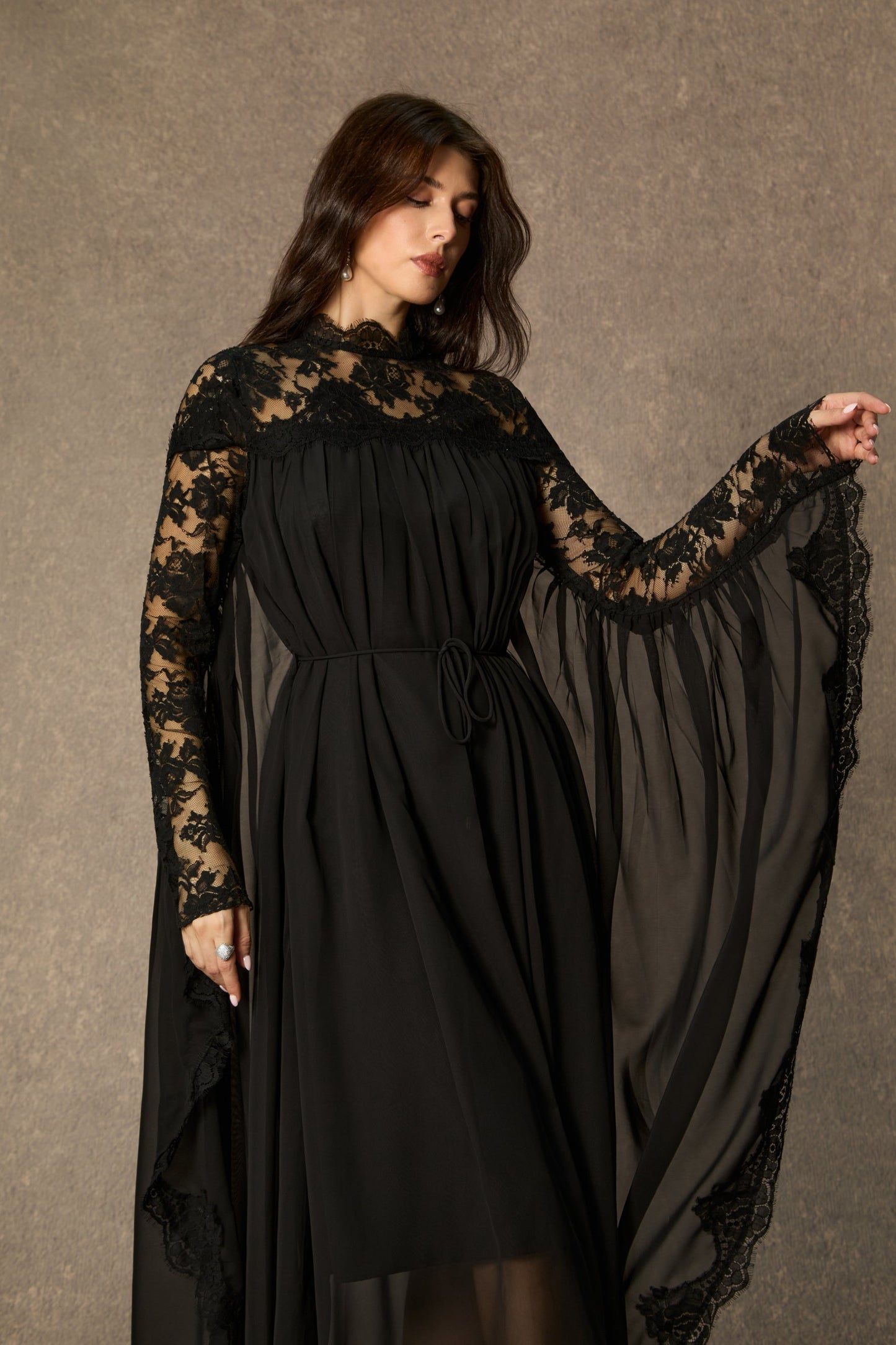 Meg Elegant Black Lace Draped Sleeve Maxi Dress