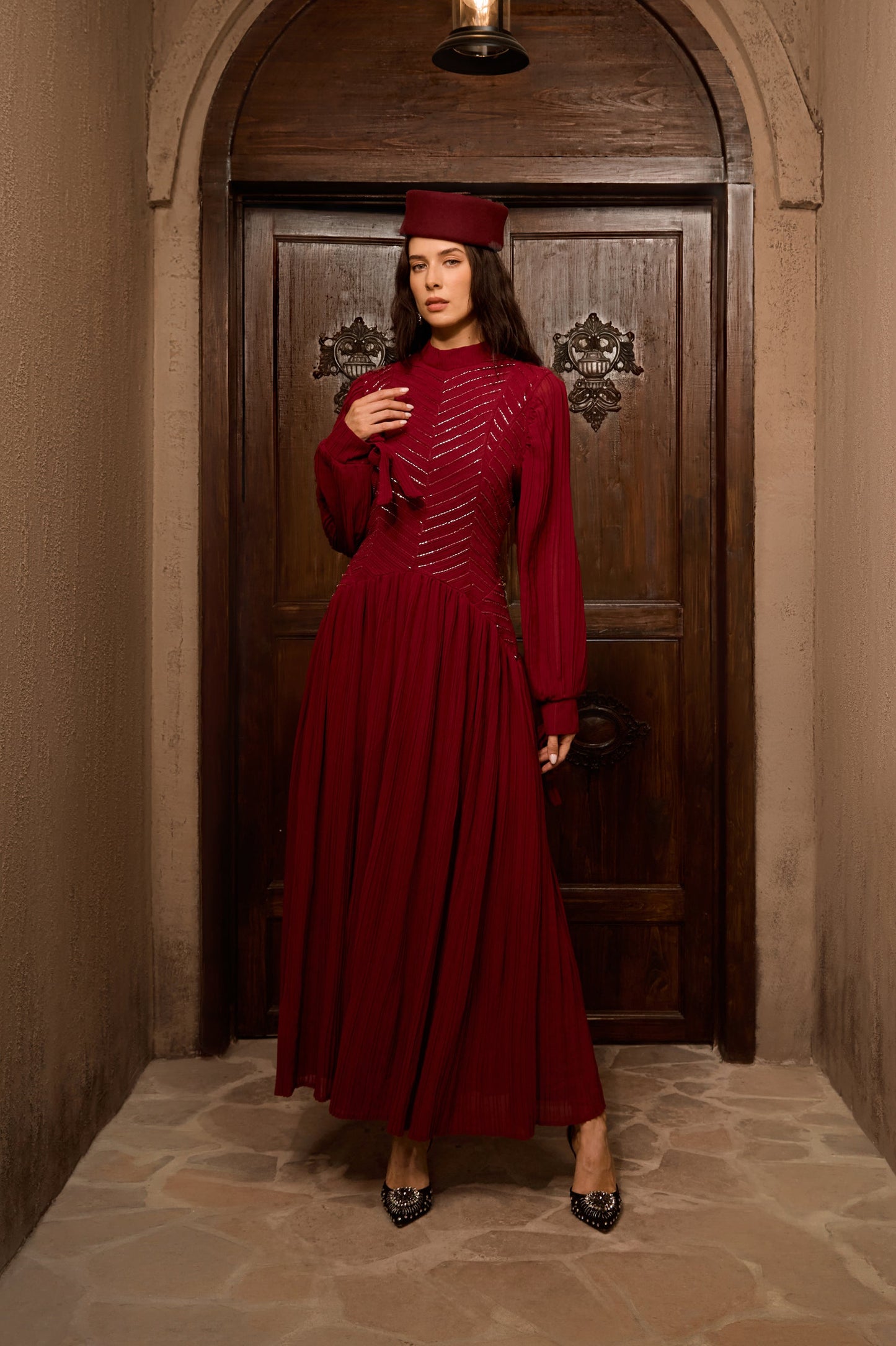 Dahlia Elegant Burgundy Beaded Maxi Dress with Chevron Pleats