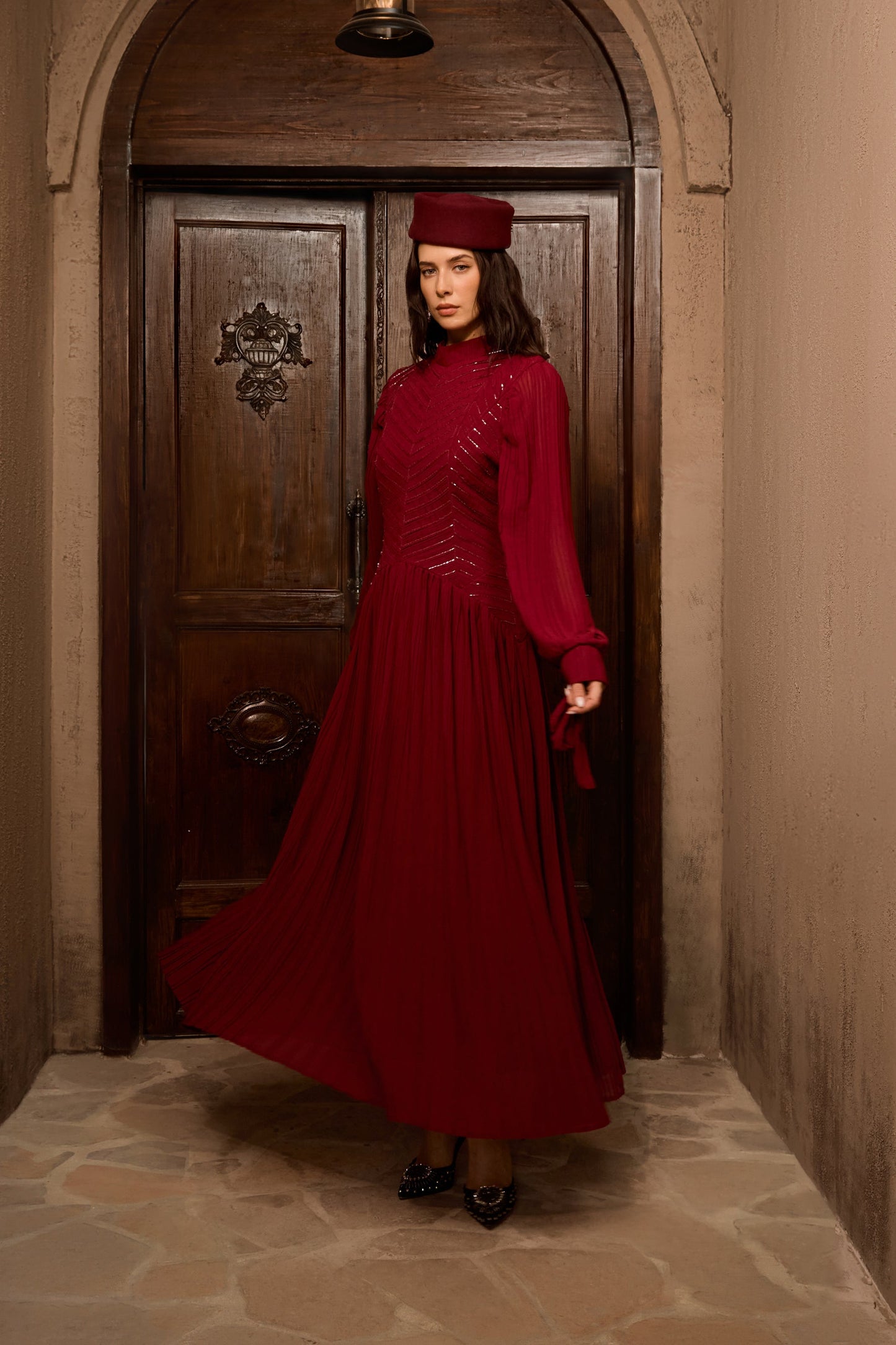 Dahlia Elegant Burgundy Beaded Maxi Dress with Chevron Pleats