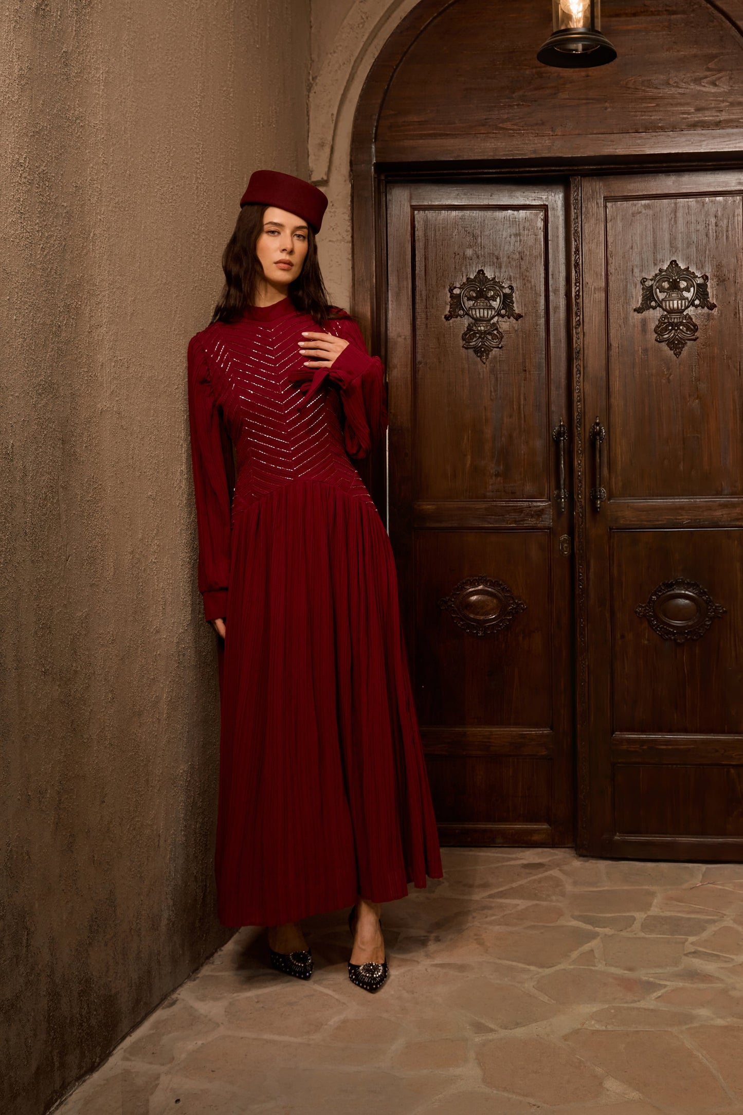 Dahlia Elegant Burgundy Beaded Maxi Dress with Chevron Pleats