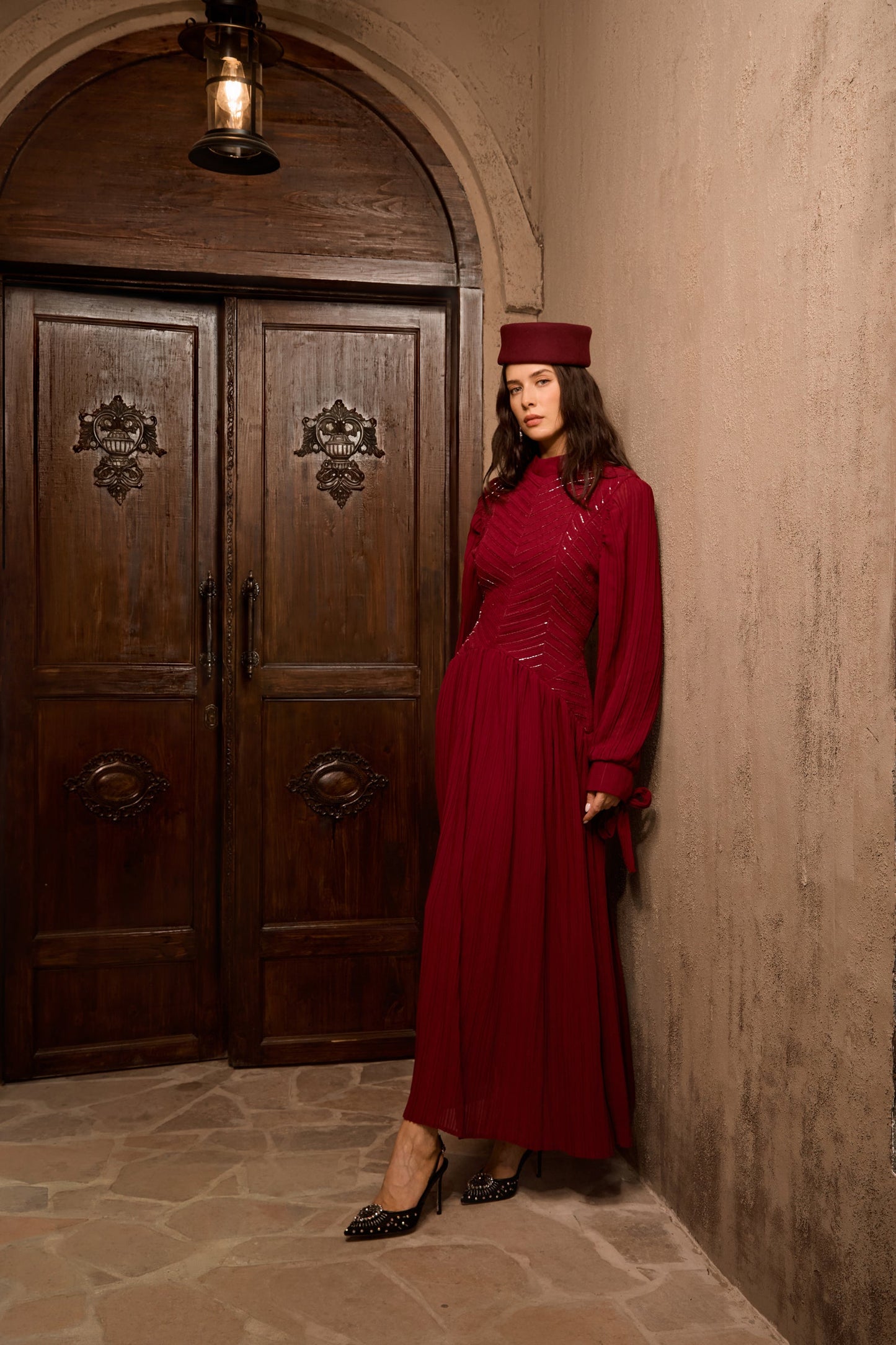 Dahlia Elegant Burgundy Beaded Maxi Dress with Chevron Pleats