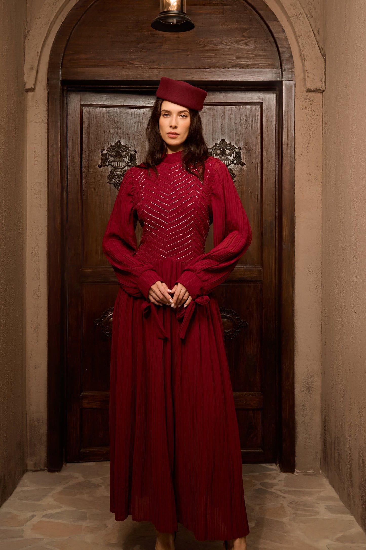 Dahlia Elegant Burgundy Beaded Maxi Dress with Chevron Pleats
