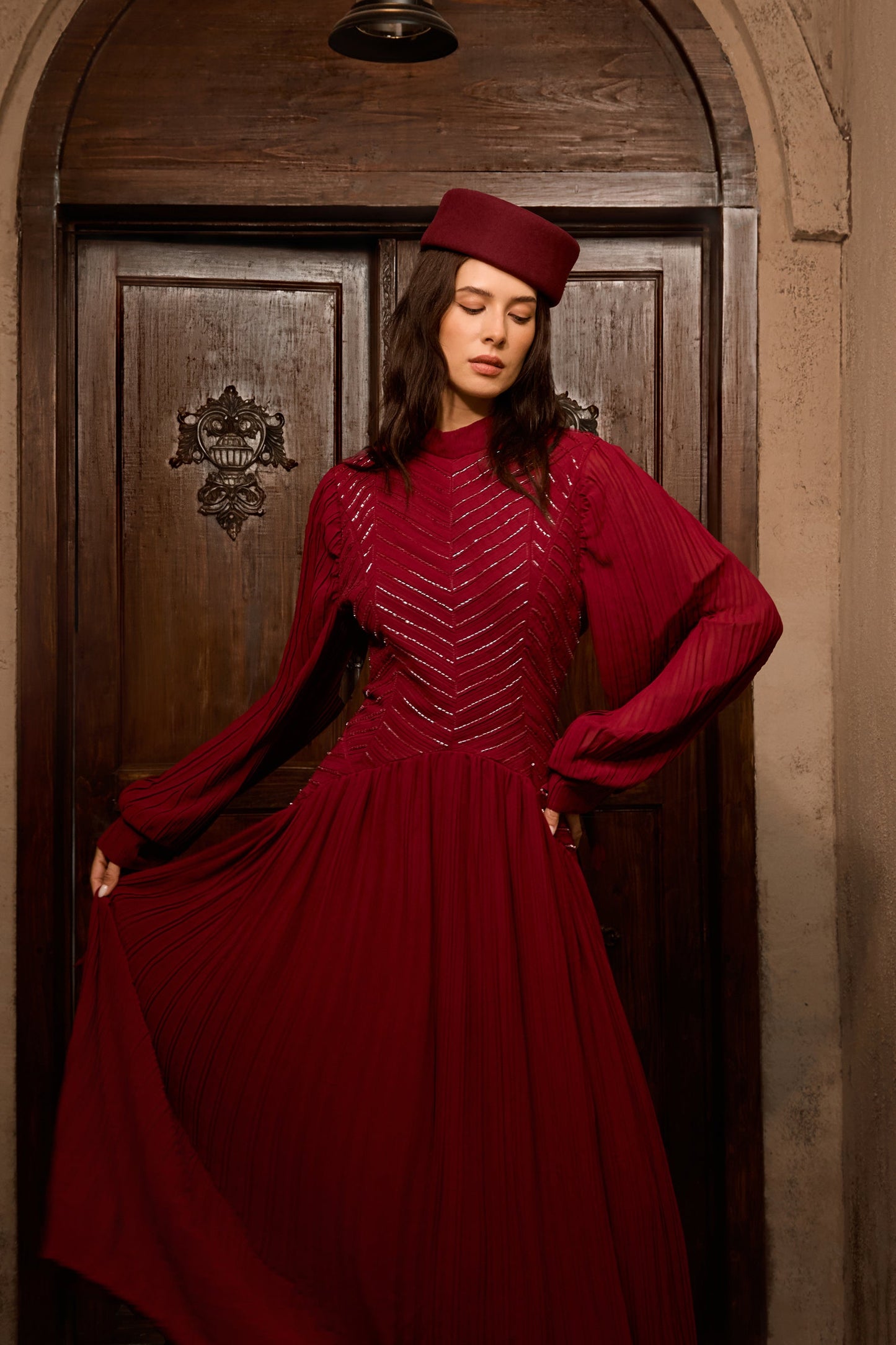 Dahlia Elegant Burgundy Beaded Maxi Dress with Chevron Pleats