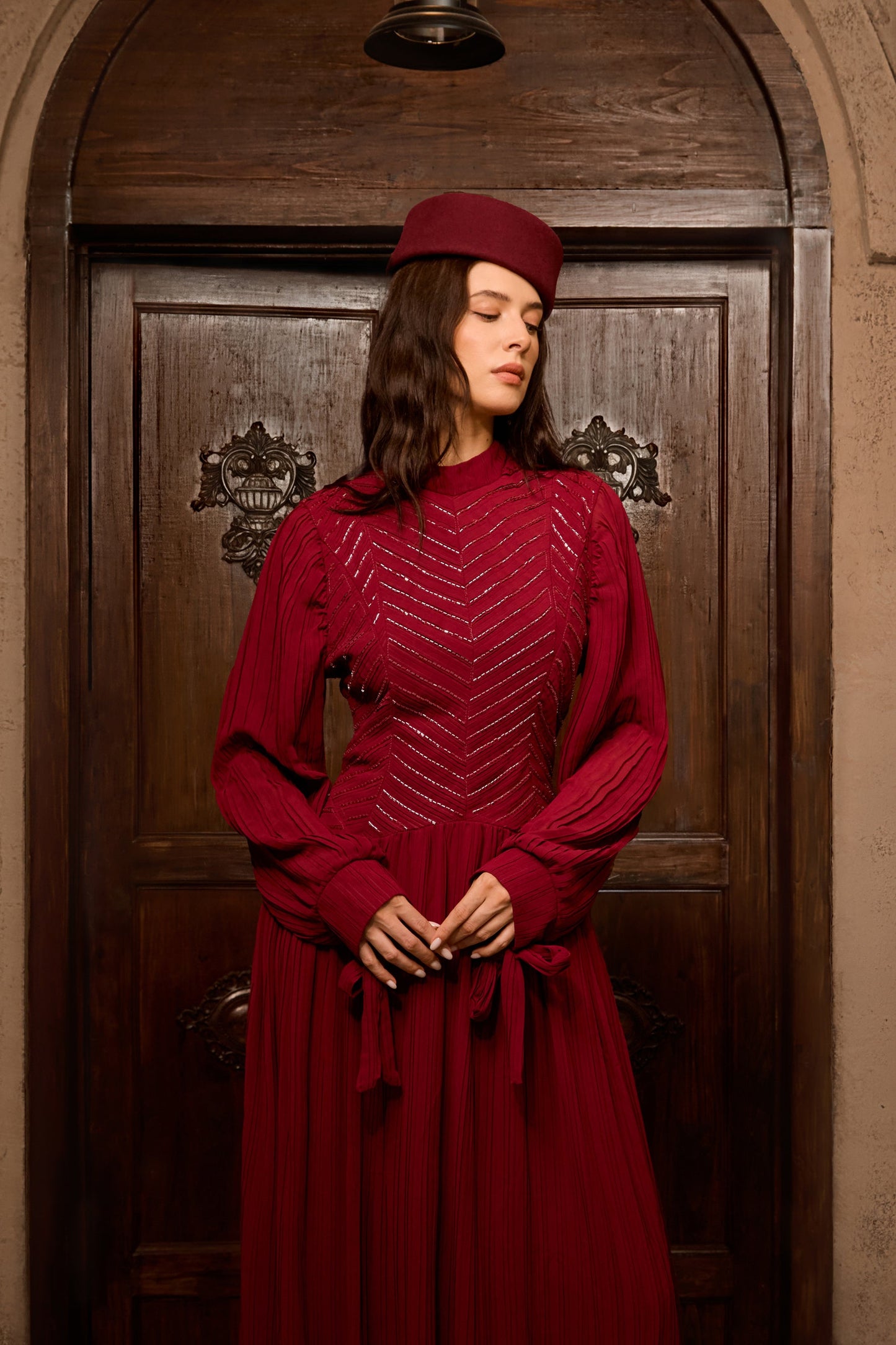 Dahlia Elegant Burgundy Beaded Maxi Dress with Chevron Pleats