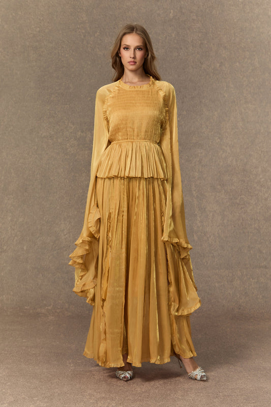 Taylor Eye-Catching Khaki Ruffle Trim Maxi Dress