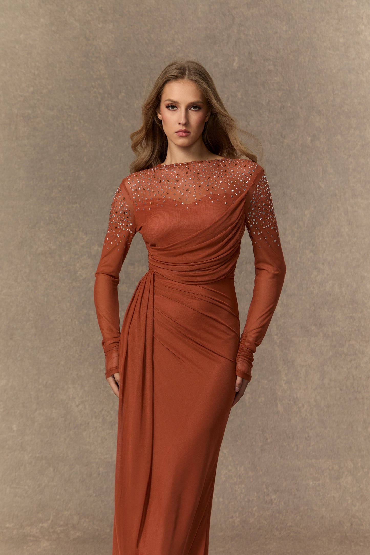 Kate Stunning Orange Crystal Ruched Maxi Dress