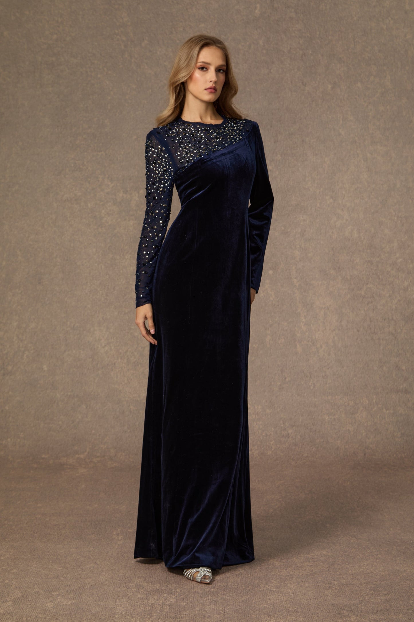 Sage Dark Blue Crystal Embellished Velvet Maxi Gown