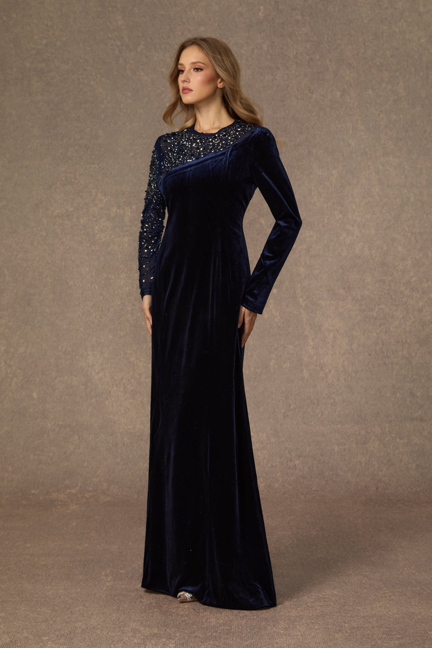 Sage Dark Blue Crystal Embellished Velvet Maxi Gown