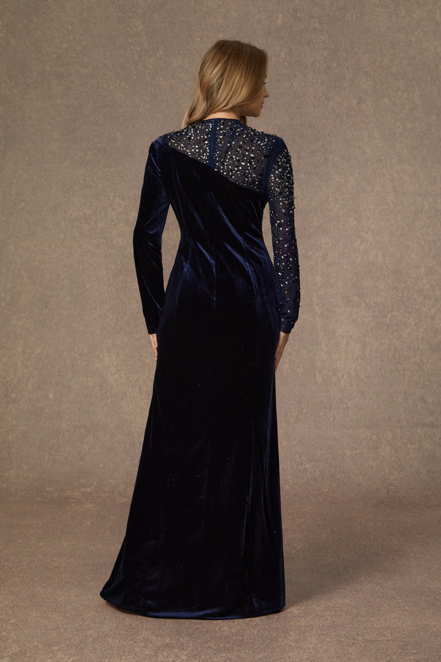 Sage Dark Blue Crystal Embellished Velvet Maxi Gown