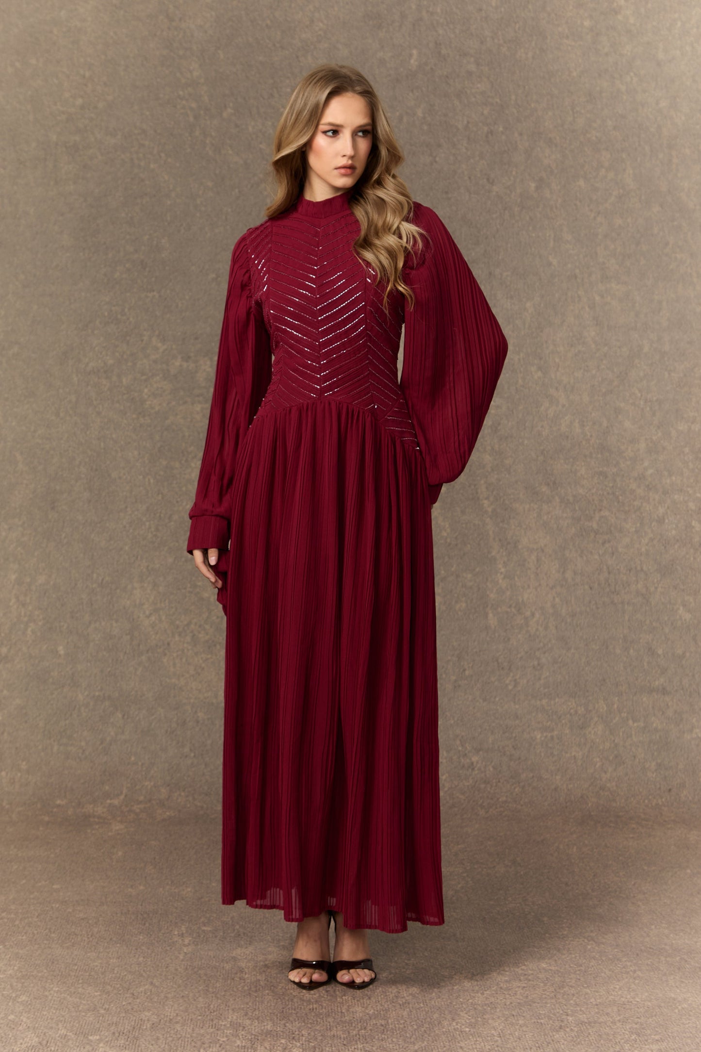 Dahlia Elegant Burgundy Beaded Maxi Dress with Chevron Pleats