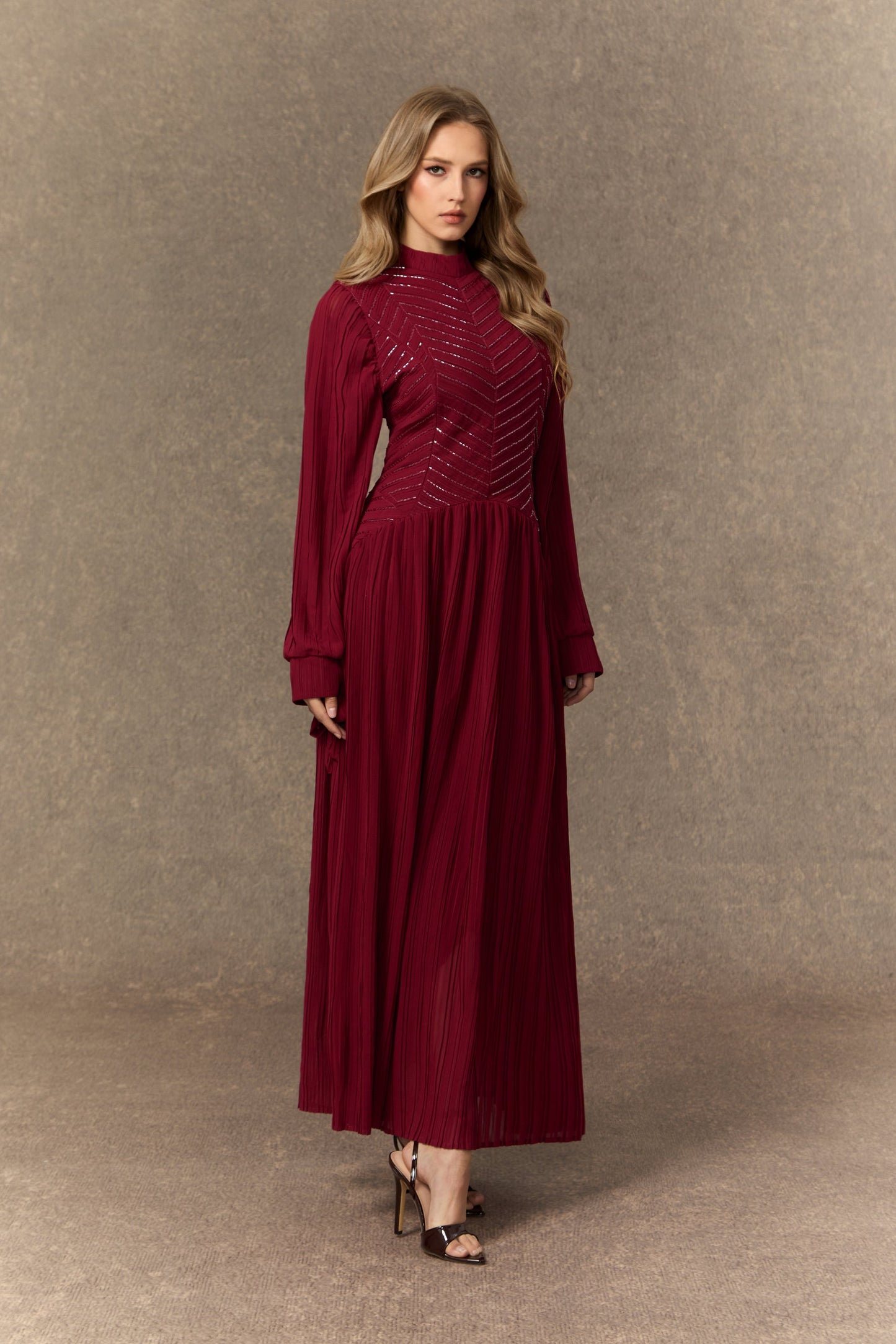 Dahlia Elegant Burgundy Beaded Maxi Dress with Chevron Pleats