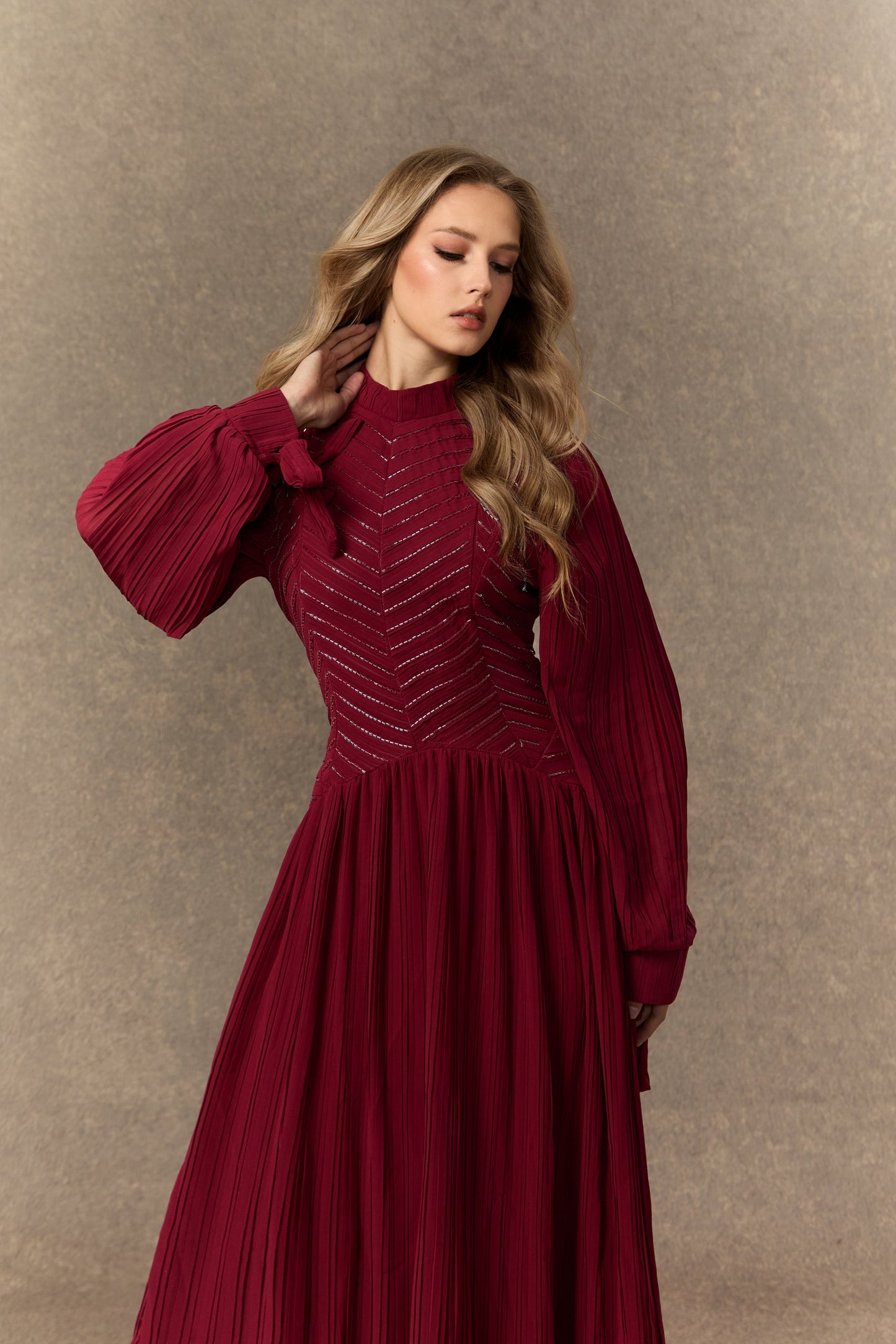 Dahlia Elegant Burgundy Beaded Maxi Dress with Chevron Pleats