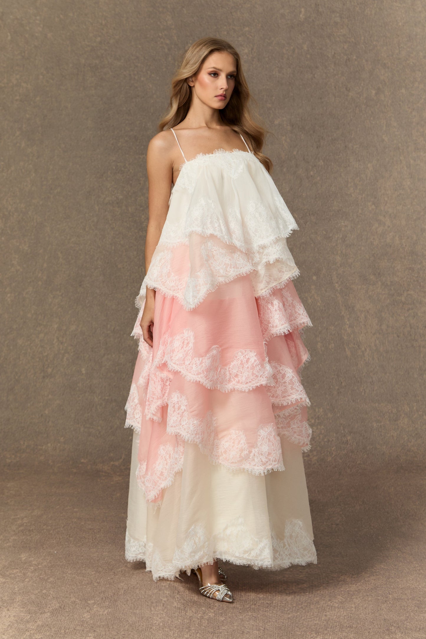 Finn Pink Tiered Maxi Dress with Unique Hemline