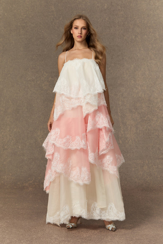 Finn Pink Tiered Maxi Dress with Unique Hemline