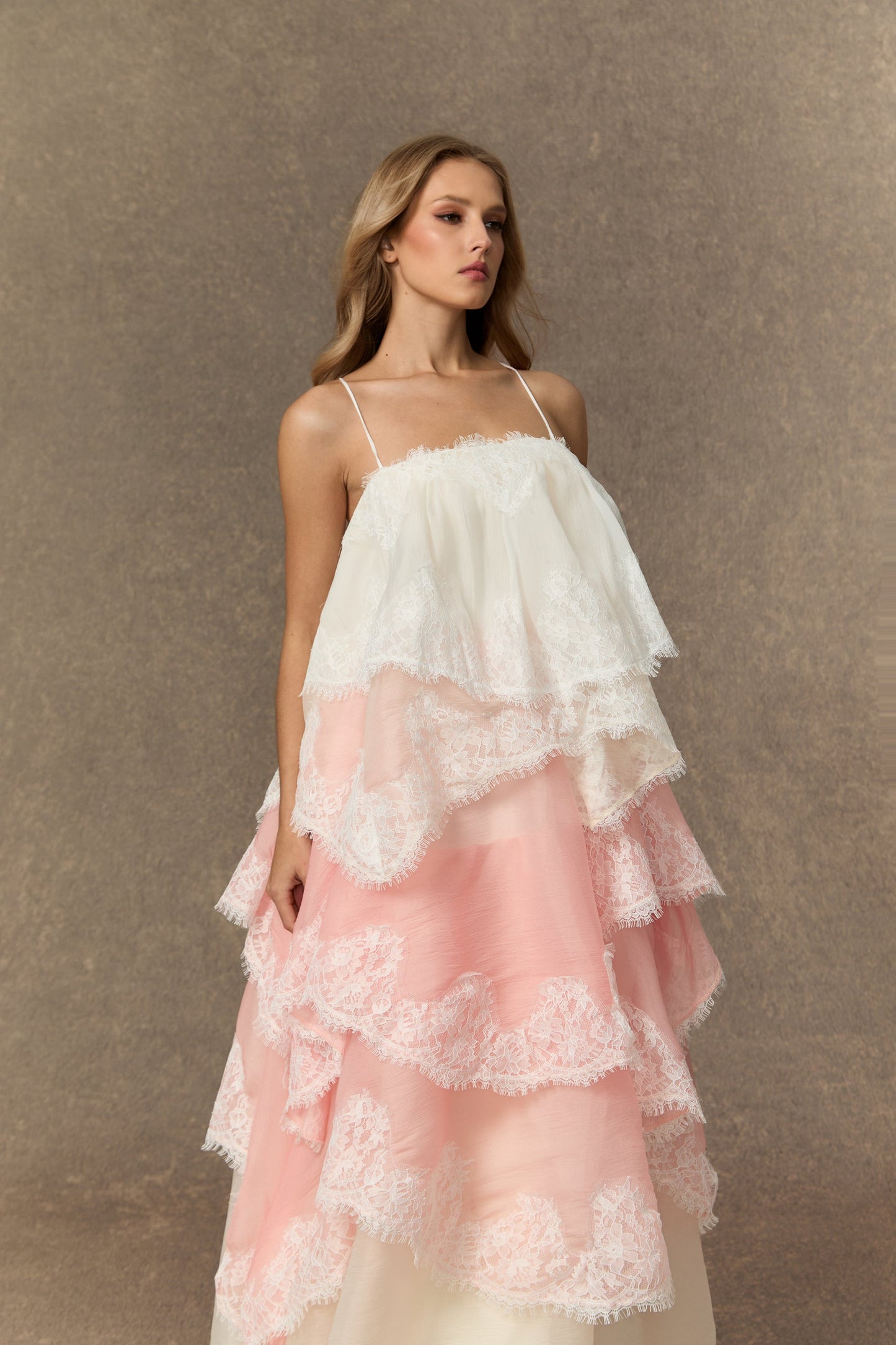 Finn Pink Tiered Maxi Dress with Unique Hemline