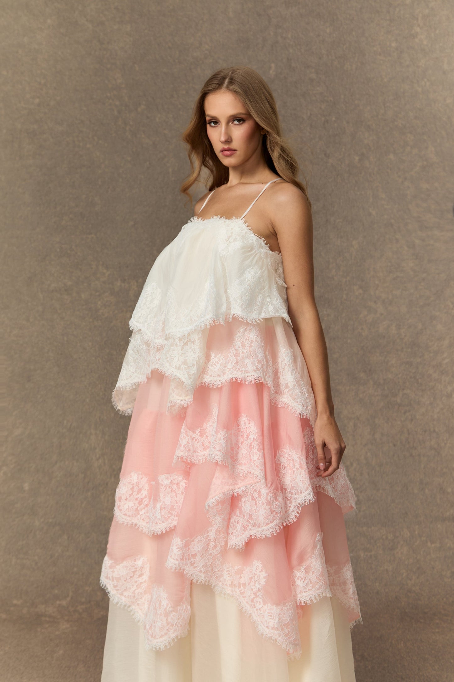 Finn Pink Tiered Maxi Dress with Unique Hemline