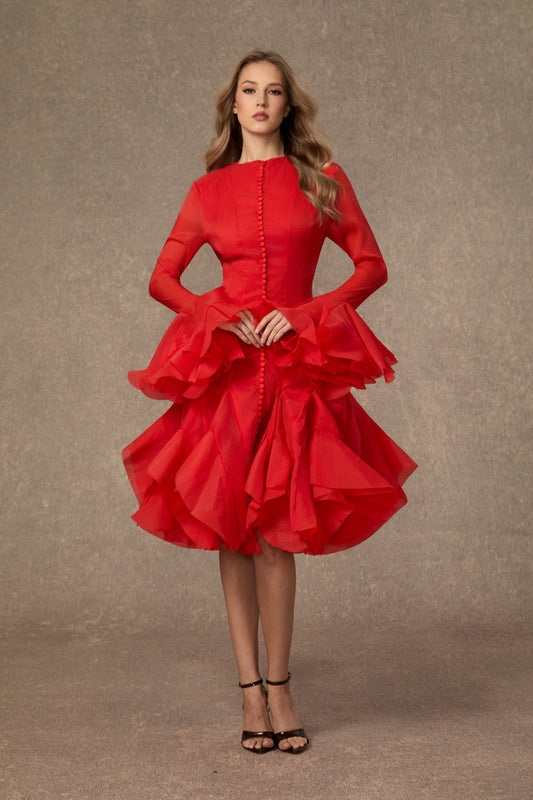 Casey Vibrant Red Layered Ruffle Midi Dress