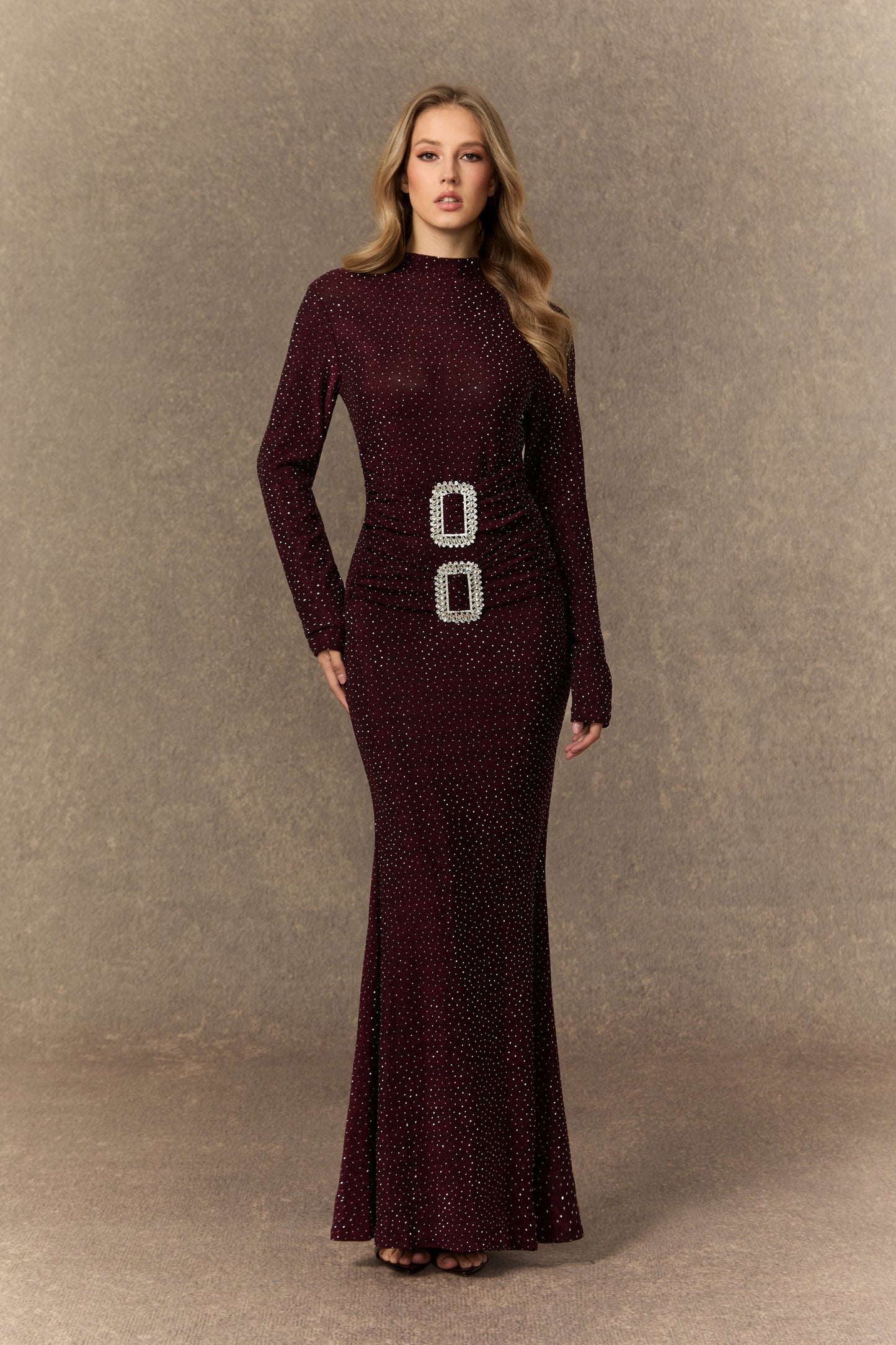 Flora Burgundy Maxi Dress with Crystal Buckle Embellishments