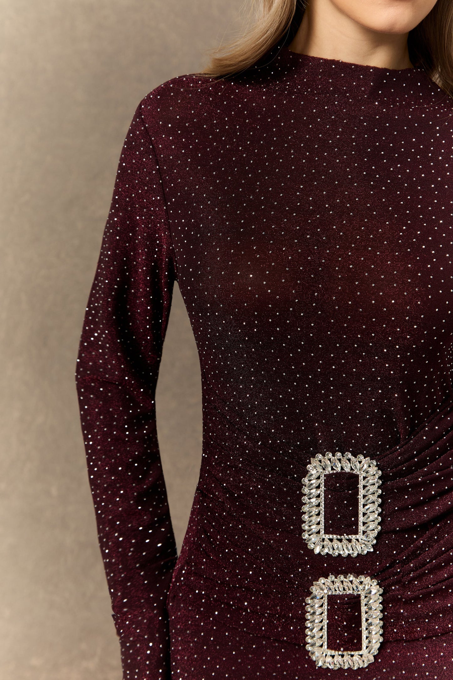 Flora Burgundy Maxi Dress with Crystal Buckle Embellishments