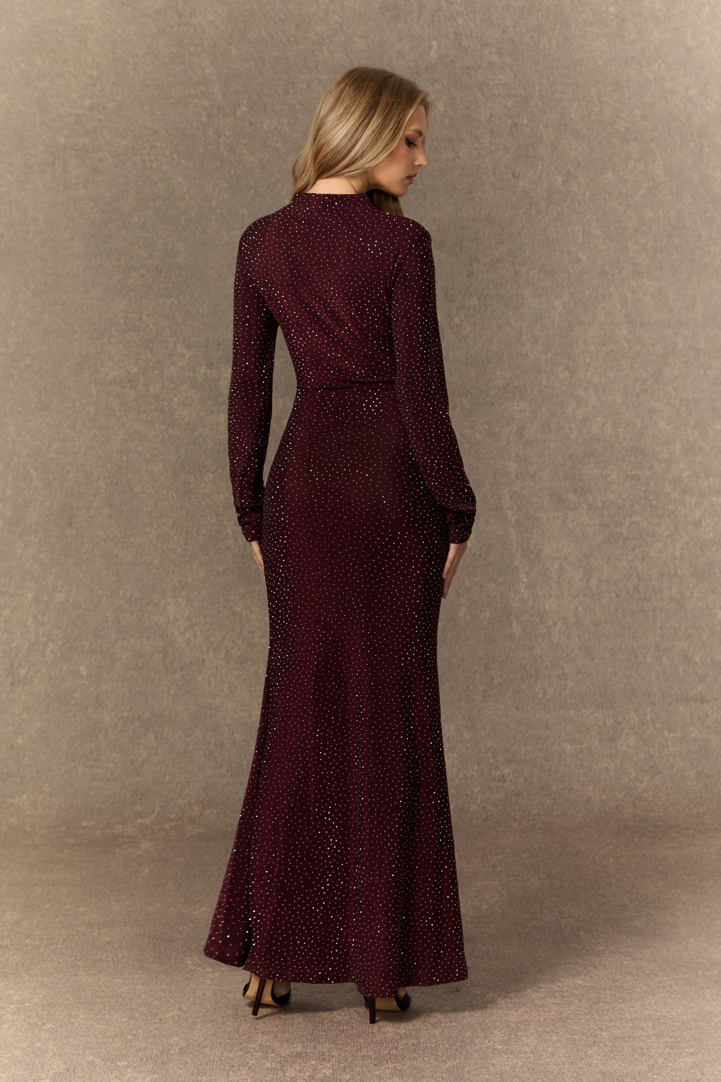 Flora Burgundy Maxi Dress with Crystal Buckle Embellishments