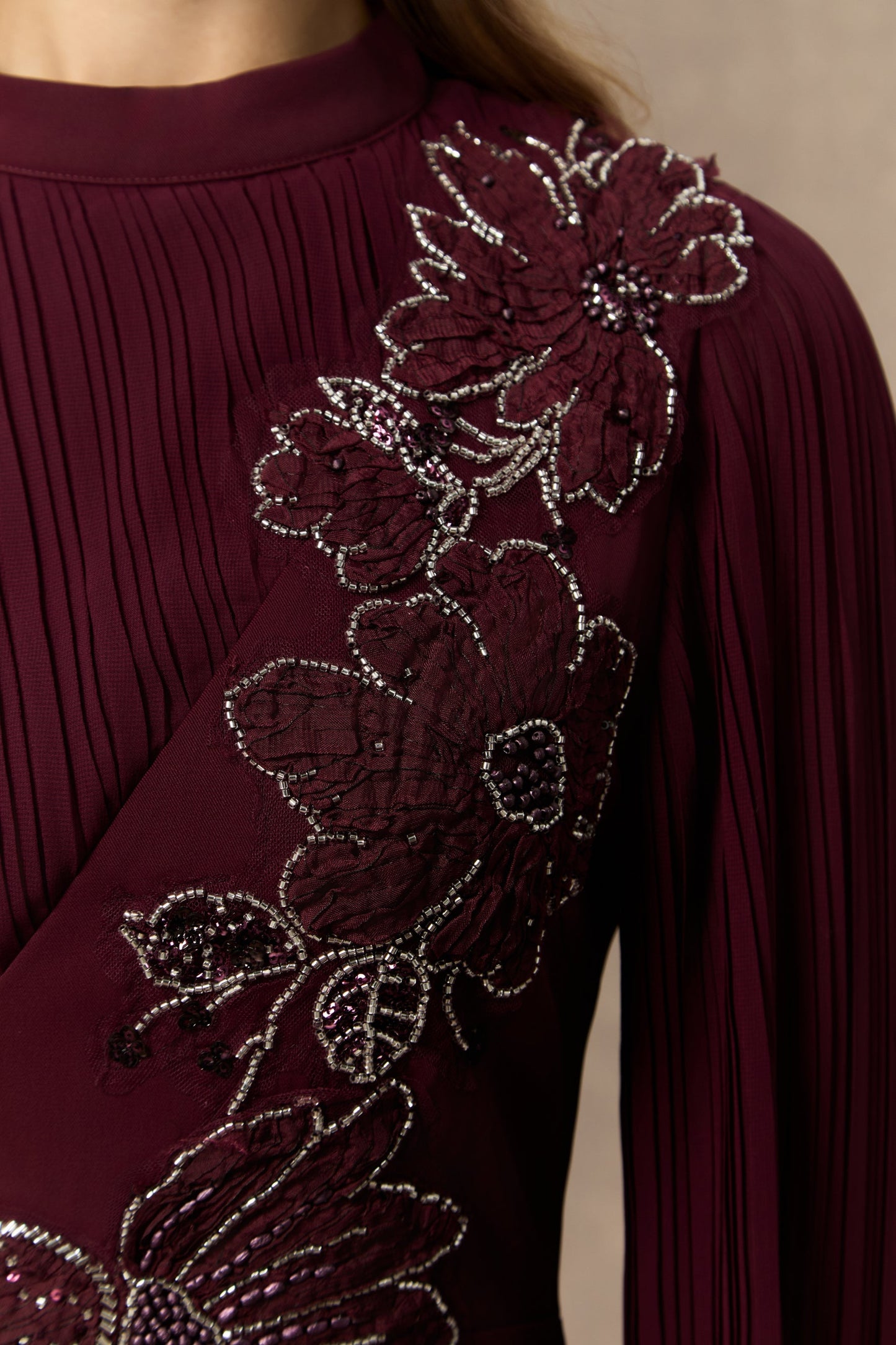 Drew Elegant Burgundy Sequin Embroidered Floral Maxi Dress
