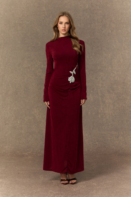 Iris Stunning Burgundy Crystal Ruched Gown