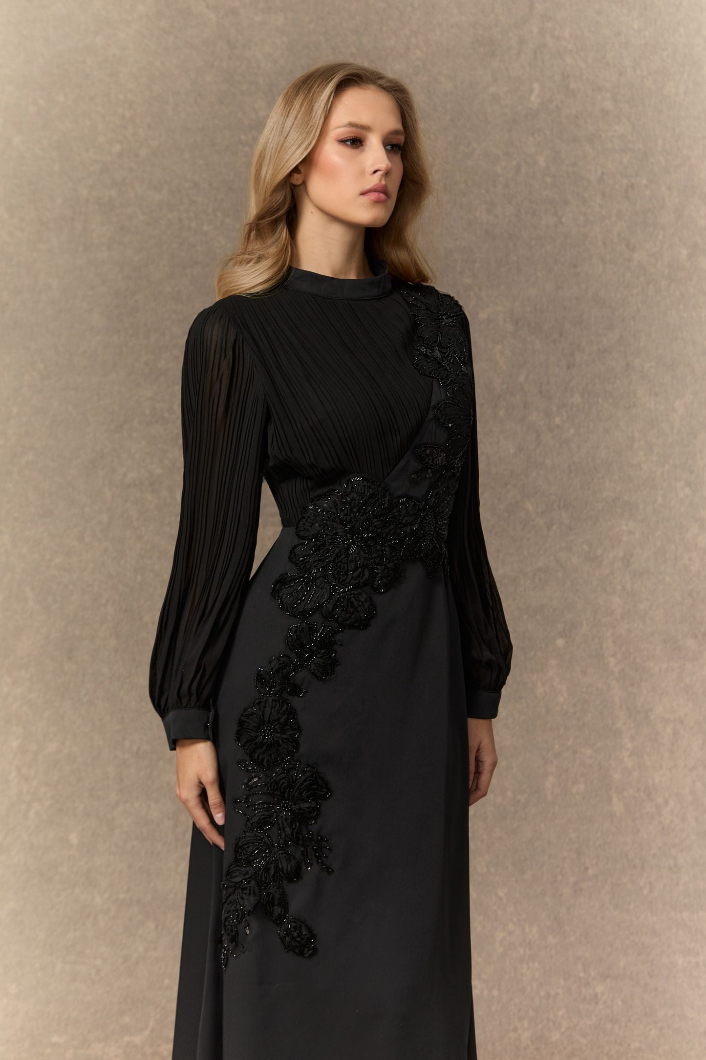 Drew Elegant Burgundy Sequin Embroidered Floral Maxi Dress